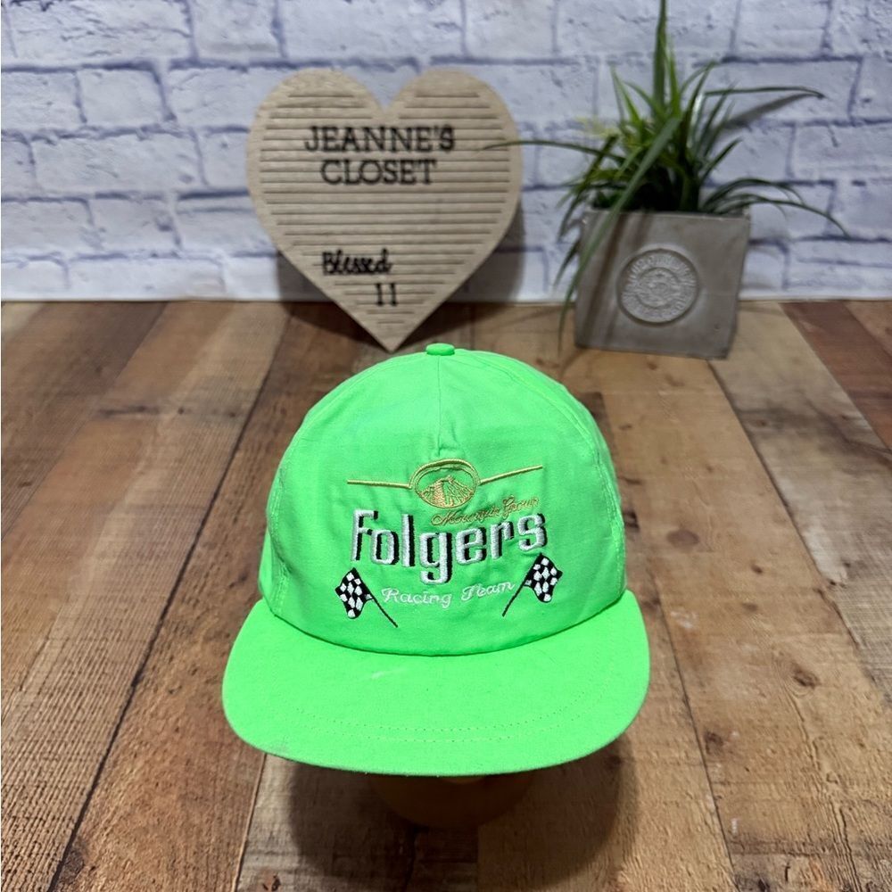 VINTAGE NEON GREEN FOLGERS RACING TEAM ADJ SNAPBACK CAP/HAT MADE IN USA - Picture 3 of 8